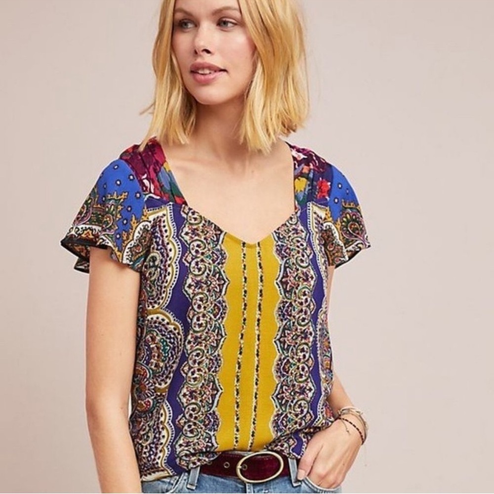 Moulinette Soeurs Anthropologie Teresita Floral Scarf Print Short Sleeve Top 8